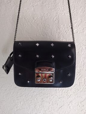 Furla Black Glossy Leather and Suede Studded Chain Metropolis Bag